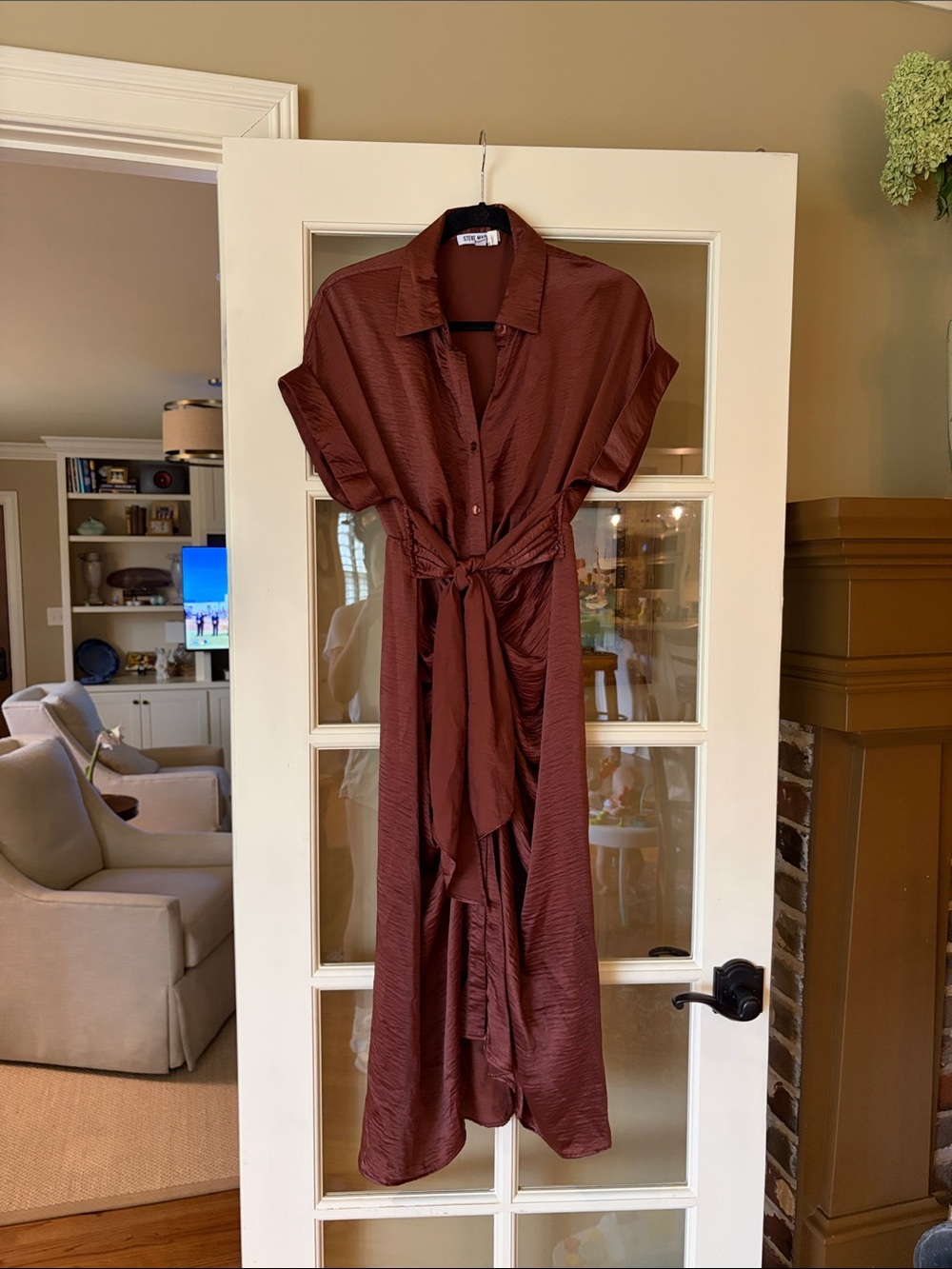 Steve Madden Brown Button-Front Tie-Waist Maxi Dress